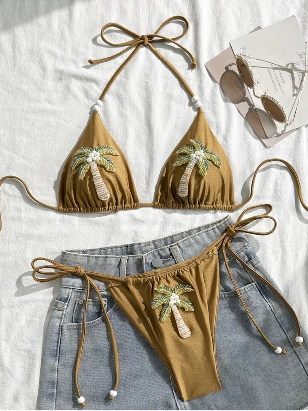 Embroidered Palm Tree Tie Bikini Set - Mustard